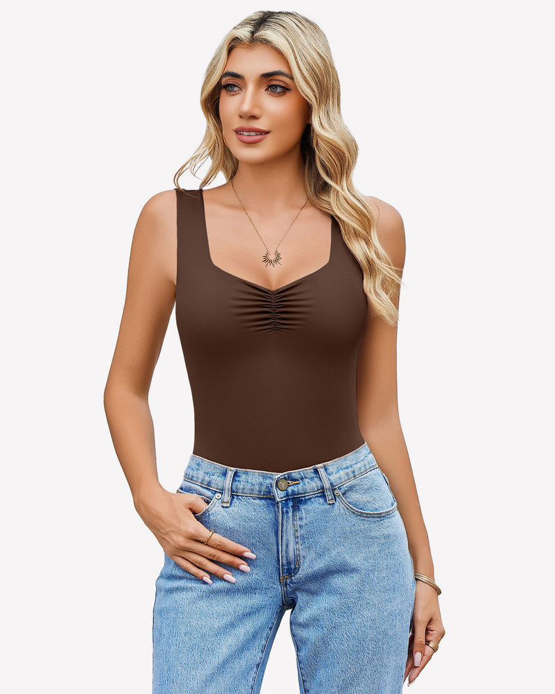 Brown ruched sweetheart-neck bodysuit, sleeveless square neckline