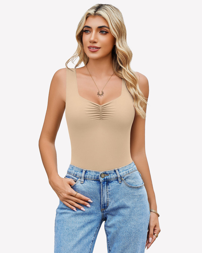 Nude/beige ruched sweetheart-neck bodysuit, sleeveless square neckline