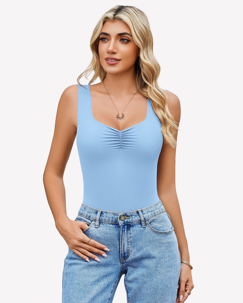Light blue ruched sweetheart-neck bodysuit, high-cut leg style