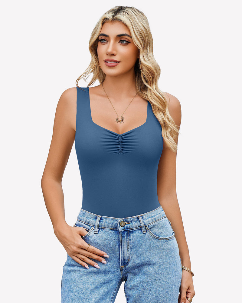 Dark blue ruched sweetheart bodysuit with sleeveless straps and ruched center