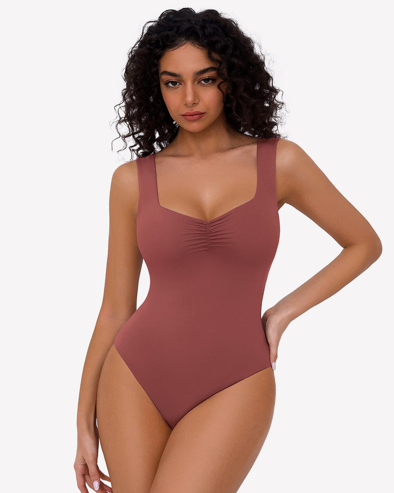 Mauve ruched sweetheart bodysuit with sleeveless straps and gathered bust detail