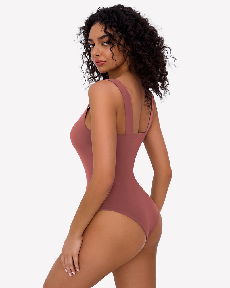 Mauve ruched sweetheart bodysuit with thin back straps and ruched center seam