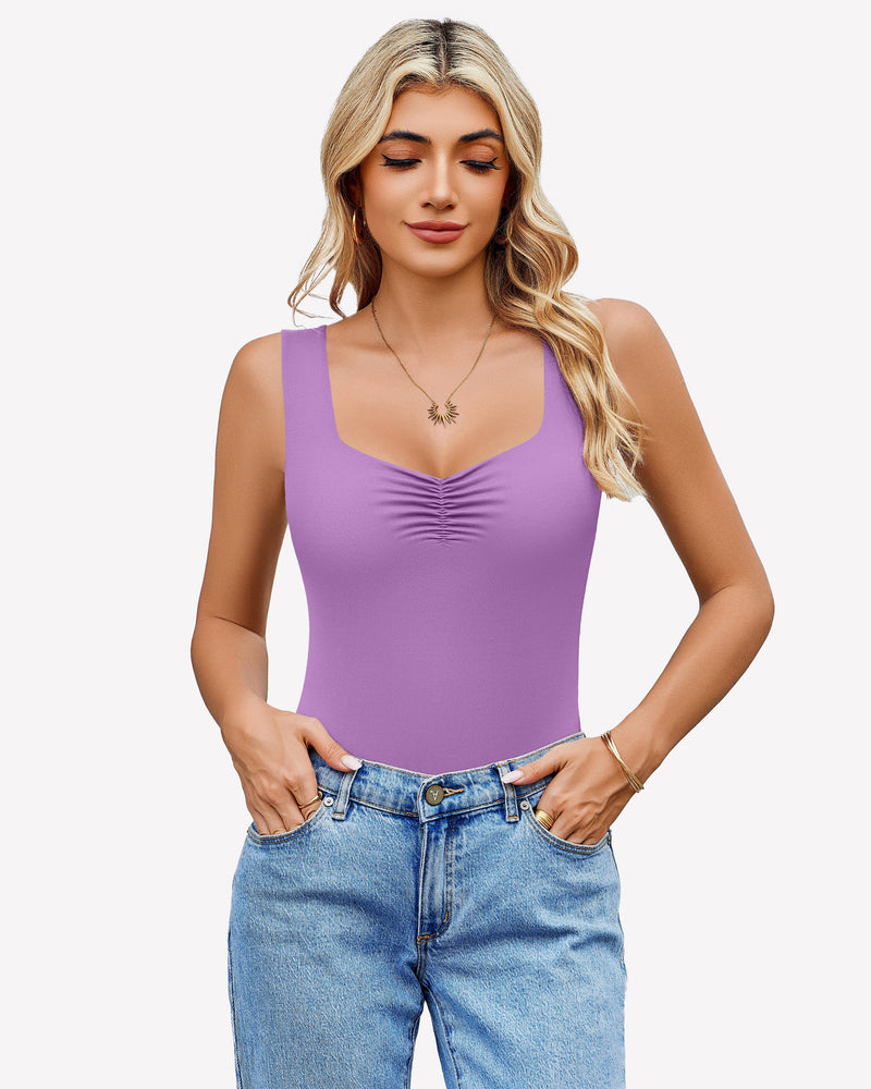Purple ruched sweetheart bodysuit with sleeveless straps and gathered bust
