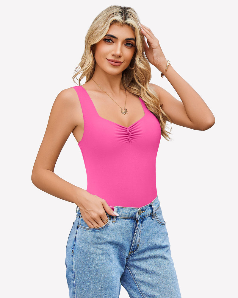 Pink ruched sweetheart bodysuit with sleeveless straps and center ruched detail