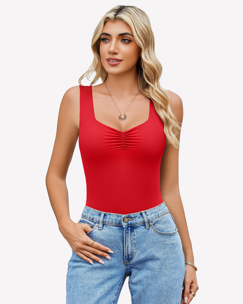 Red ruched sweetheart bodysuit with sleeveless straps and gathered bust