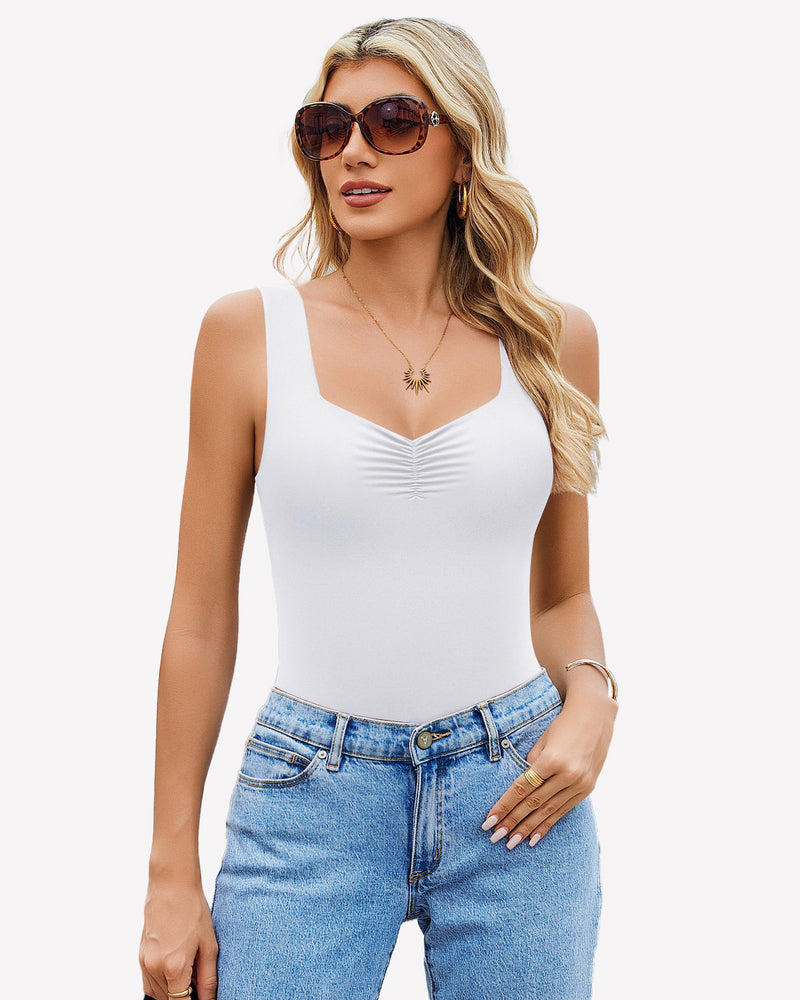 White ruched sweetheart bodysuit with sleeveless straps and V-shaped ruched neckline