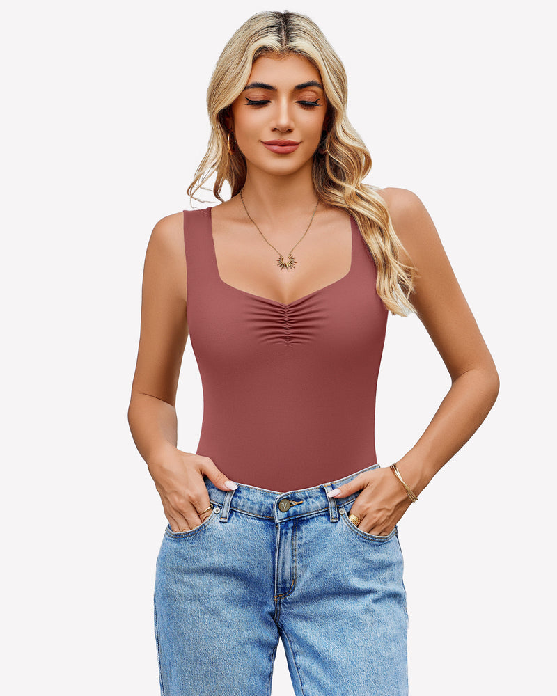 Ruched sweetheart-neck bodysuit in rose-red with gathered center front