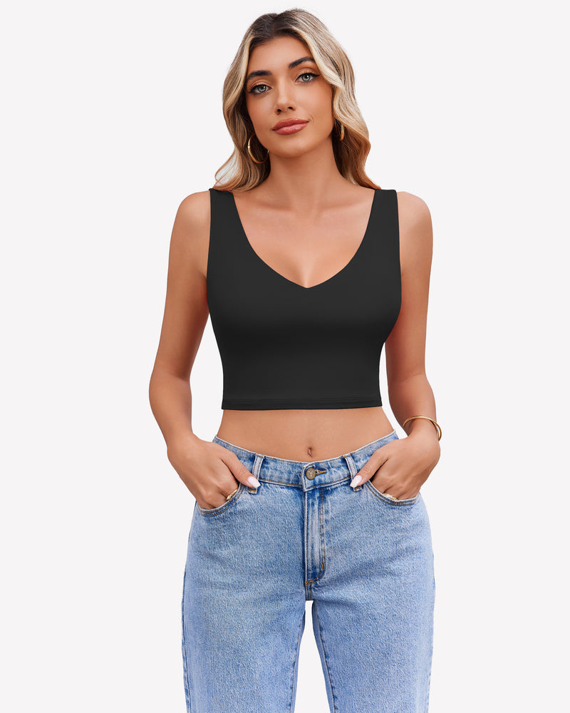 Black crop plunge tank top with V-neck and wide straps