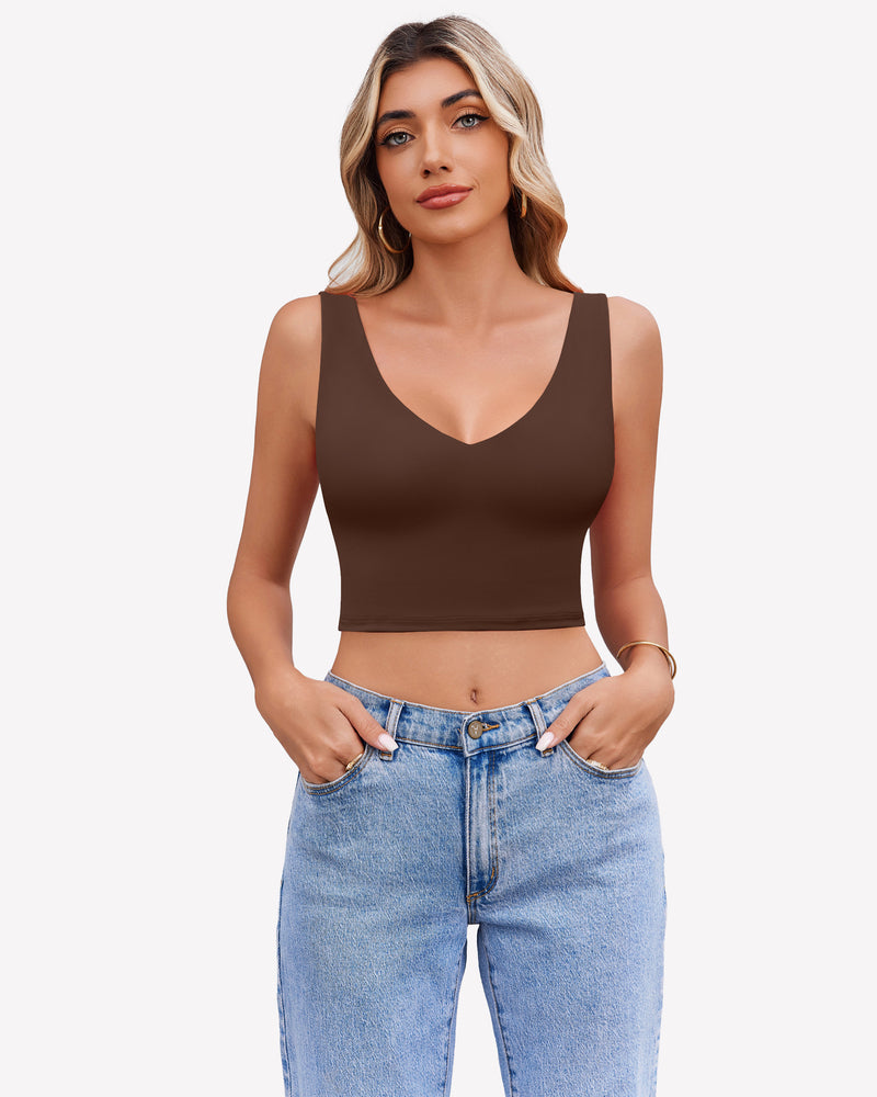 Dark brown crop plunge tank top with V-neck and wide straps
