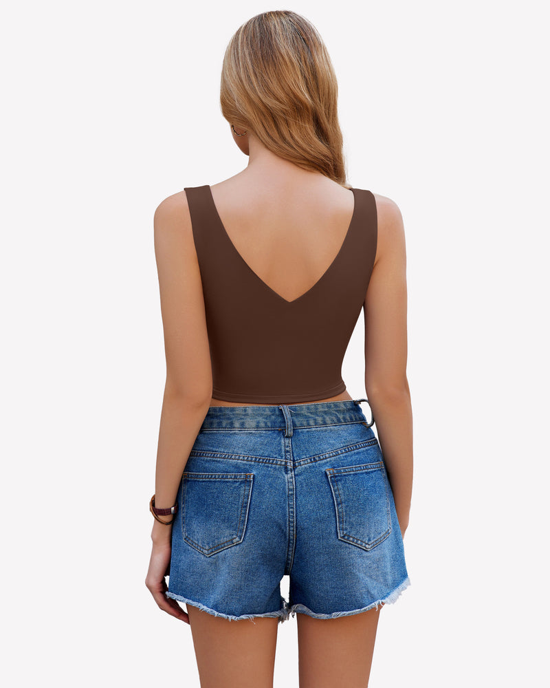 Back view of dark brown crop plunge tank top with V-neck and wide straps