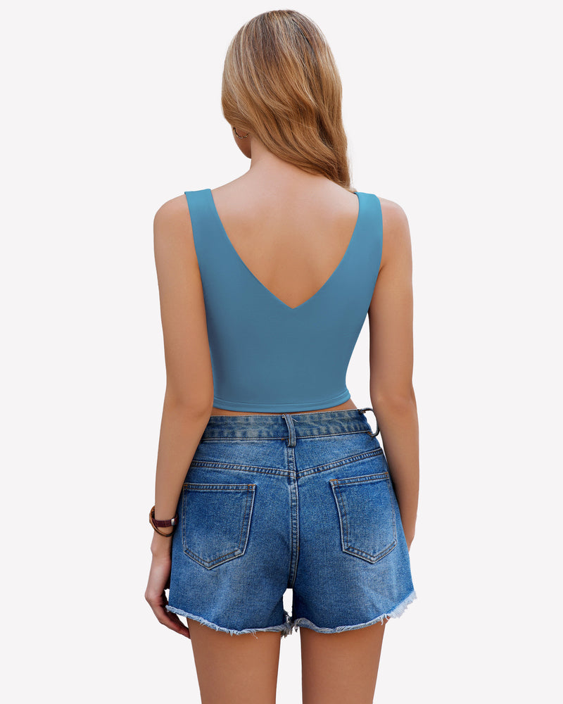 Back view of light blue cropped tank top with V-neck and wide straps