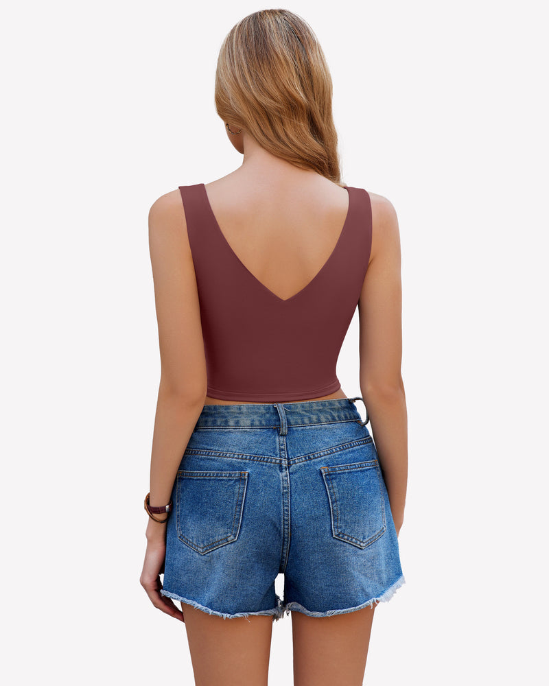 Burgundy crop tank top with plunge V-neck and thin shoulder straps