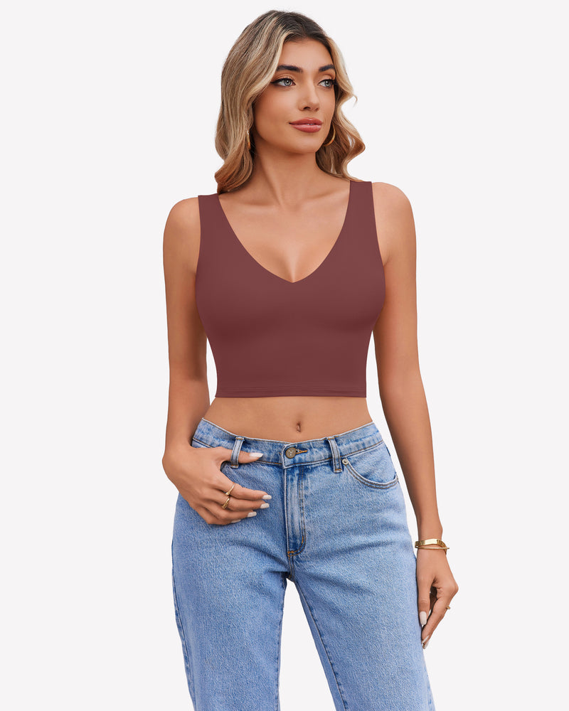 Maroon crop plunge tank top with V-neck and sleeveless fitted design