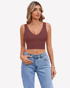 Maroon crop plunge tank top with V-neck and sleeveless fitted design