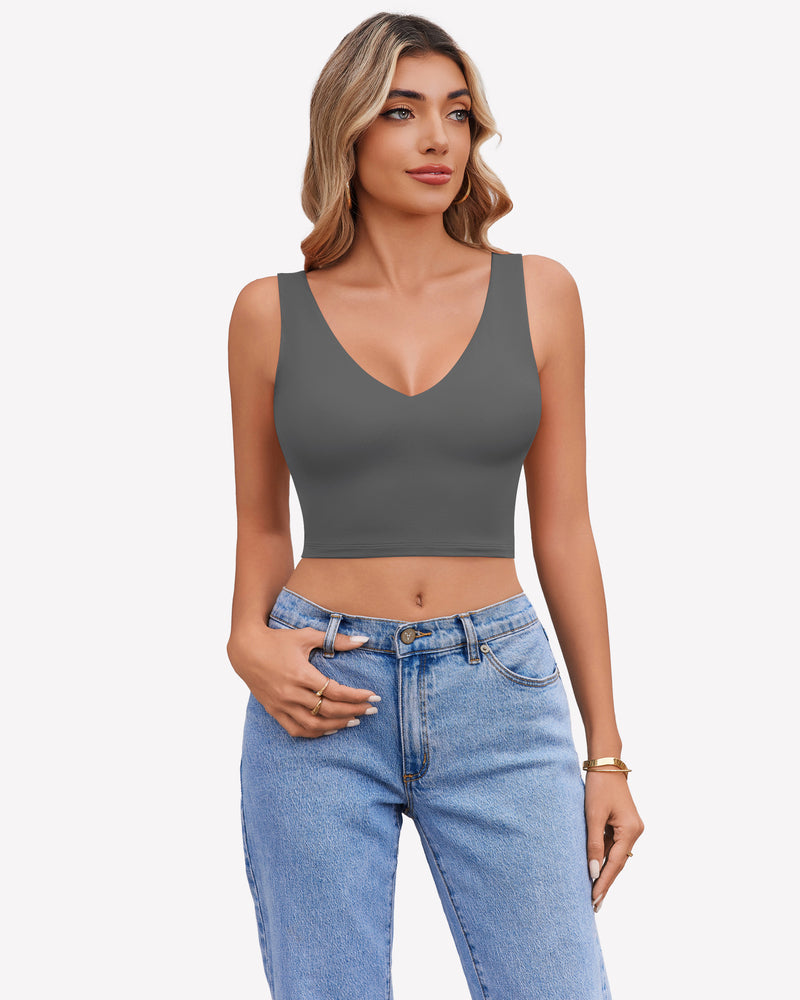 Gray crop plunge tank top with V-neck and sleeveless fitted silhouette