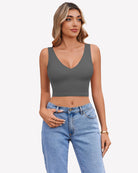 Gray crop plunge tank top with V-neck and sleeveless fitted silhouette