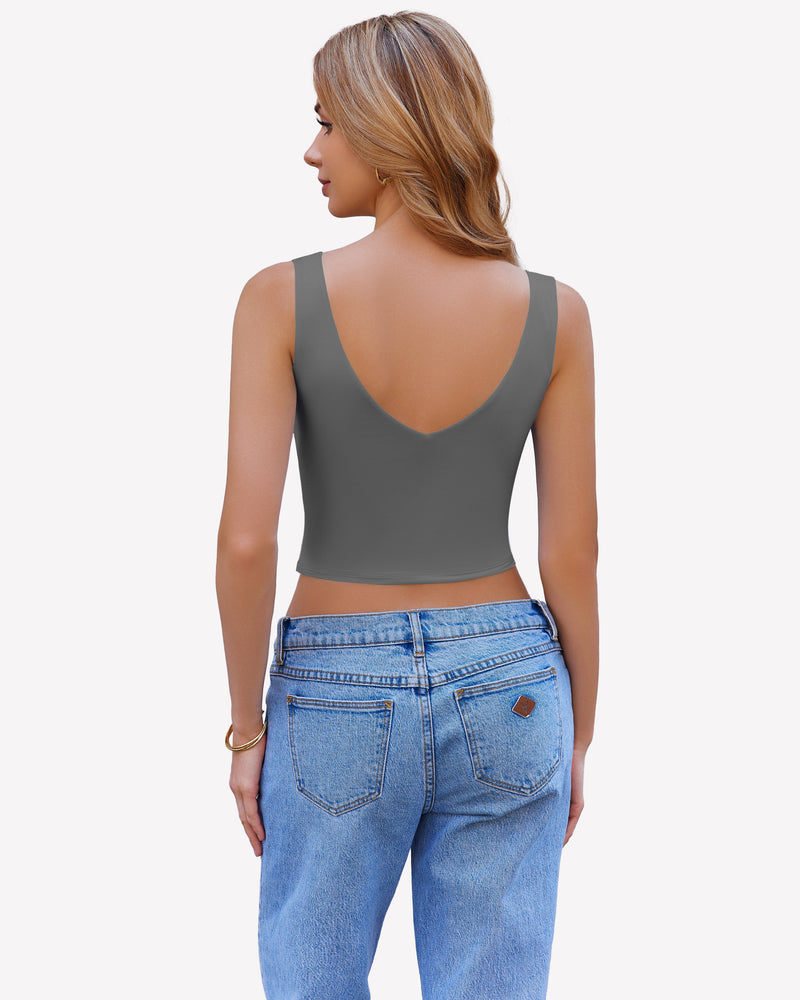 Gray crop tank top with low back V-neck and sleeveless fitted cut