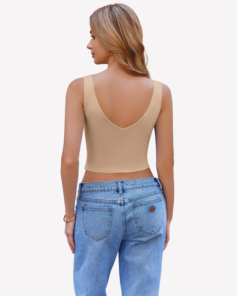 Back view of khaki crop plunge tank top with V-neck and wide straps
