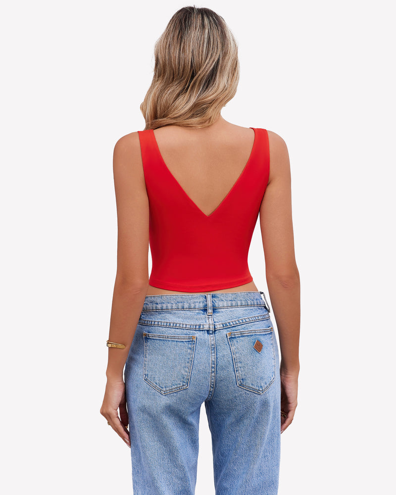 Red crop tank top with low back V-neck and sleeveless fitted design