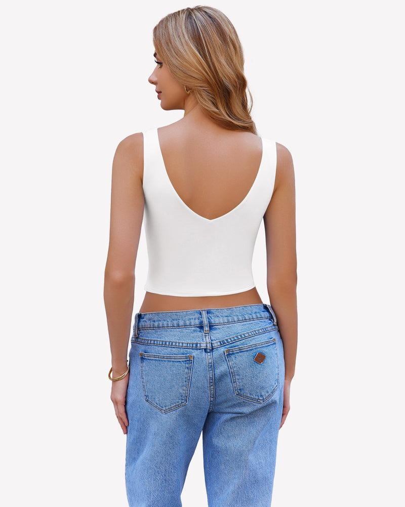 White crop plunge tank top with scoop back and thin shoulder straps