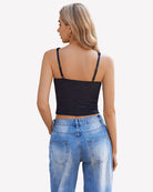 Black lace sleeveless crop top with open back and thin adjustable straps