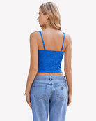 Blue lace sleeveless crop top with open back and thin adjustable straps