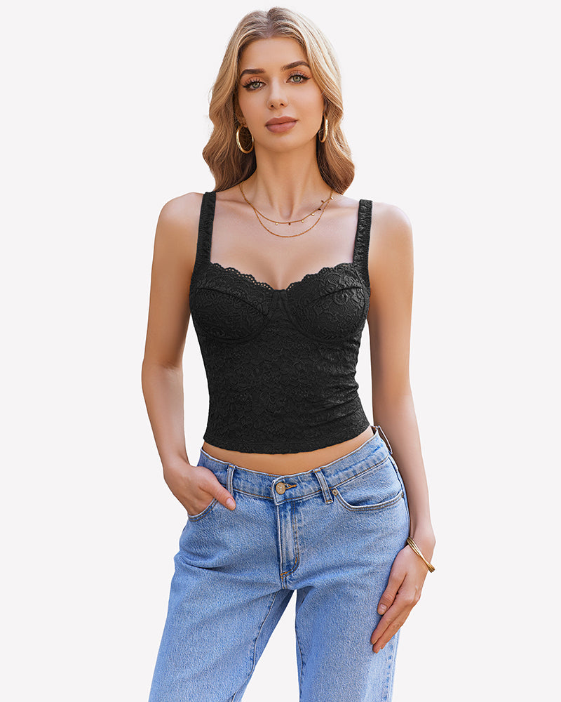 Black lace sleeveless crop top with sweetheart neckline and scalloped trim