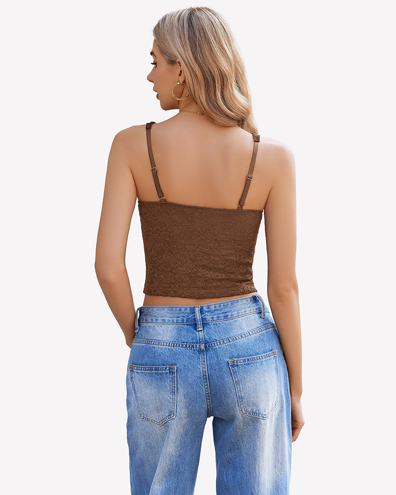 Brown lace sleeveless crop top with open back and thin adjustable straps
