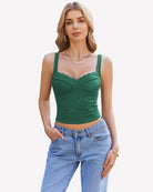 Green lace sleeveless crop top with sweetheart neckline and scalloped lace trim
