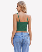 Green lace sleeveless crop top with open back and thin adjustable straps