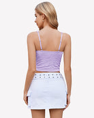 Lilac lace sleeveless crop top with open back and thin adjustable straps