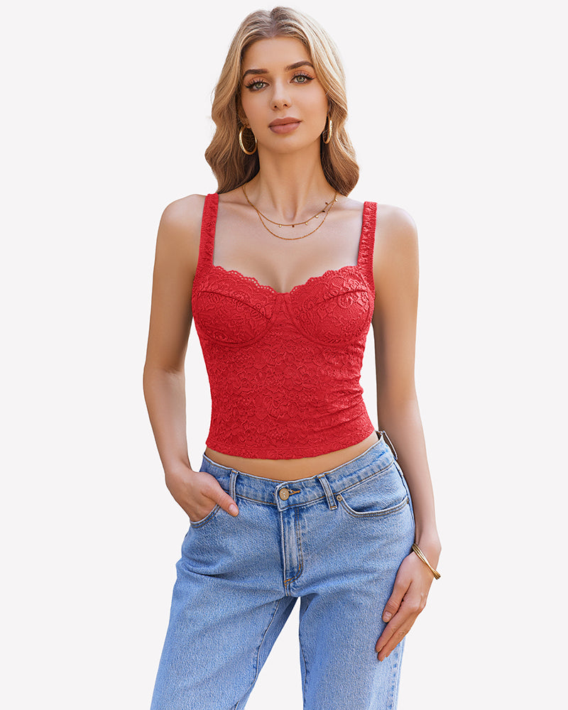 Red lace sleeveless sweetheart crop top with scalloped cups
