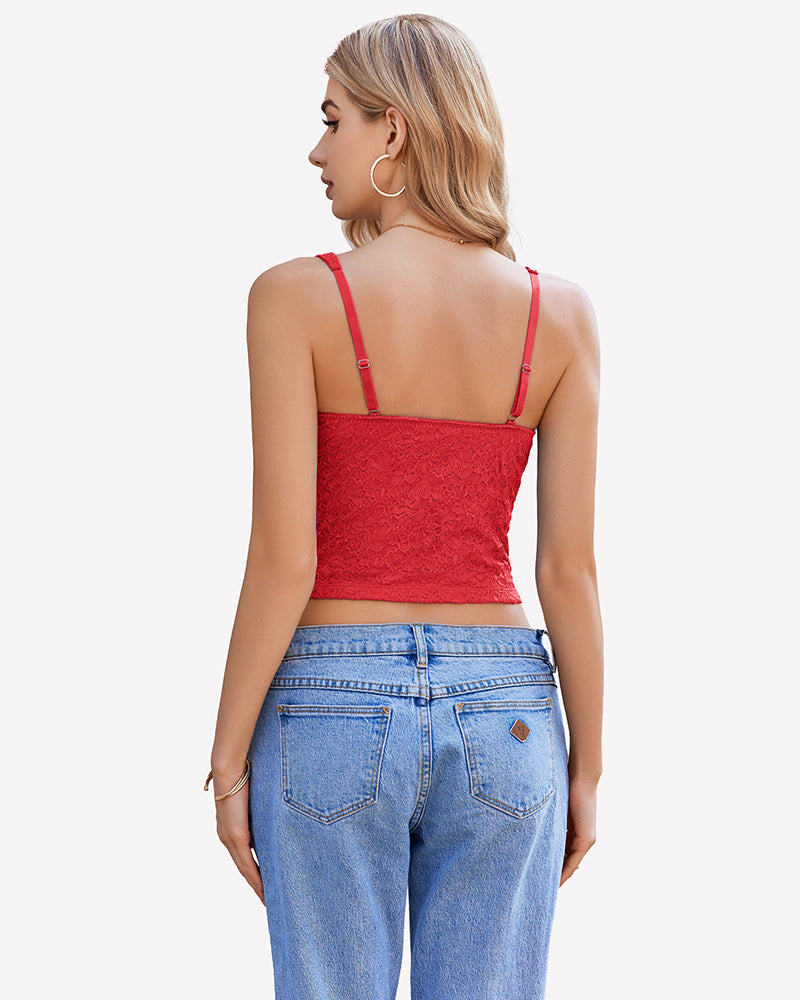 Red lace sleeveless crop top with open back and thin shoulder straps