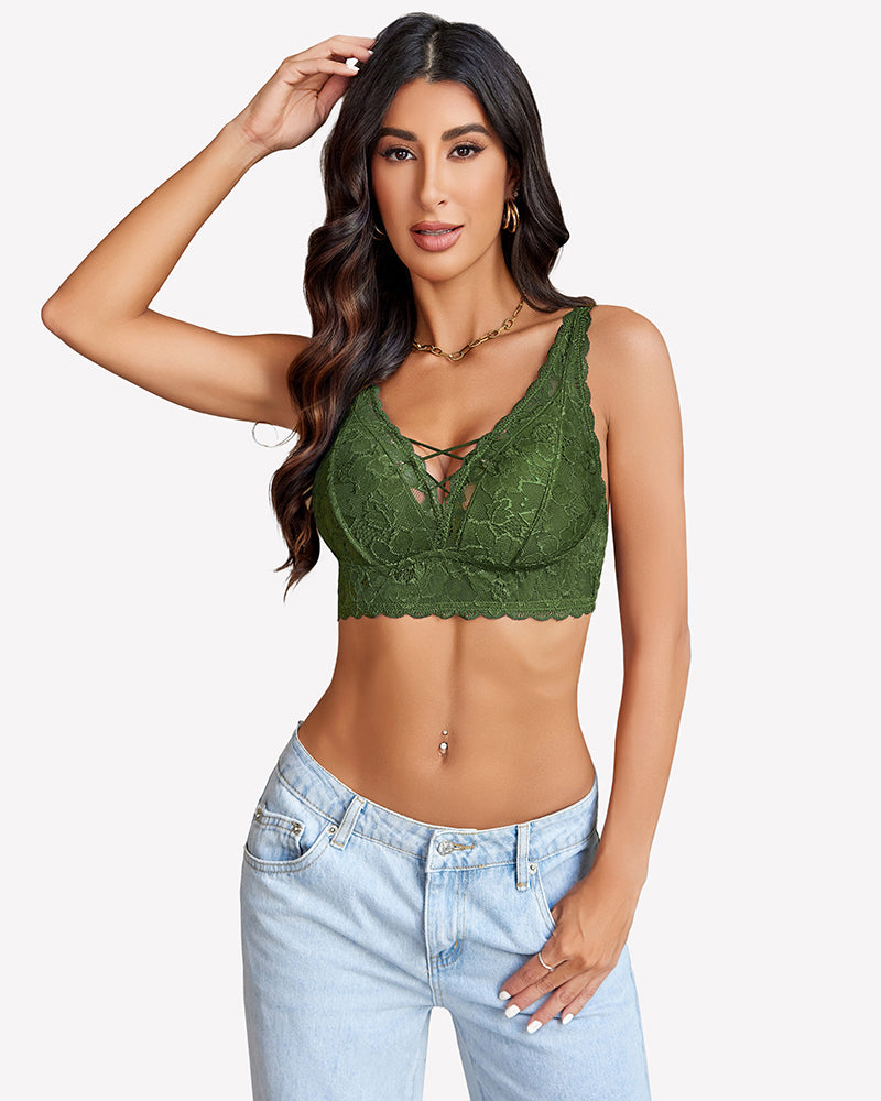 Lace bralette V-neck with crisscross front straps, dark green