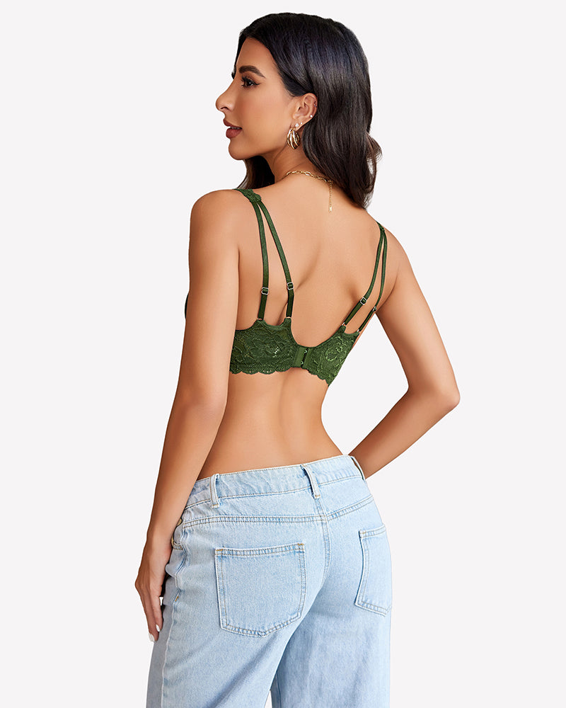 Lace bralette with crisscross back straps, dark green