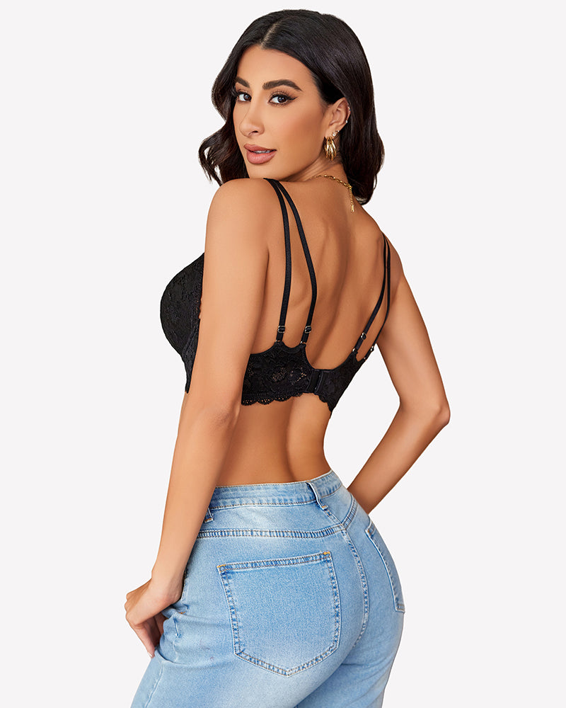 Lace bralette with crisscross back straps, black