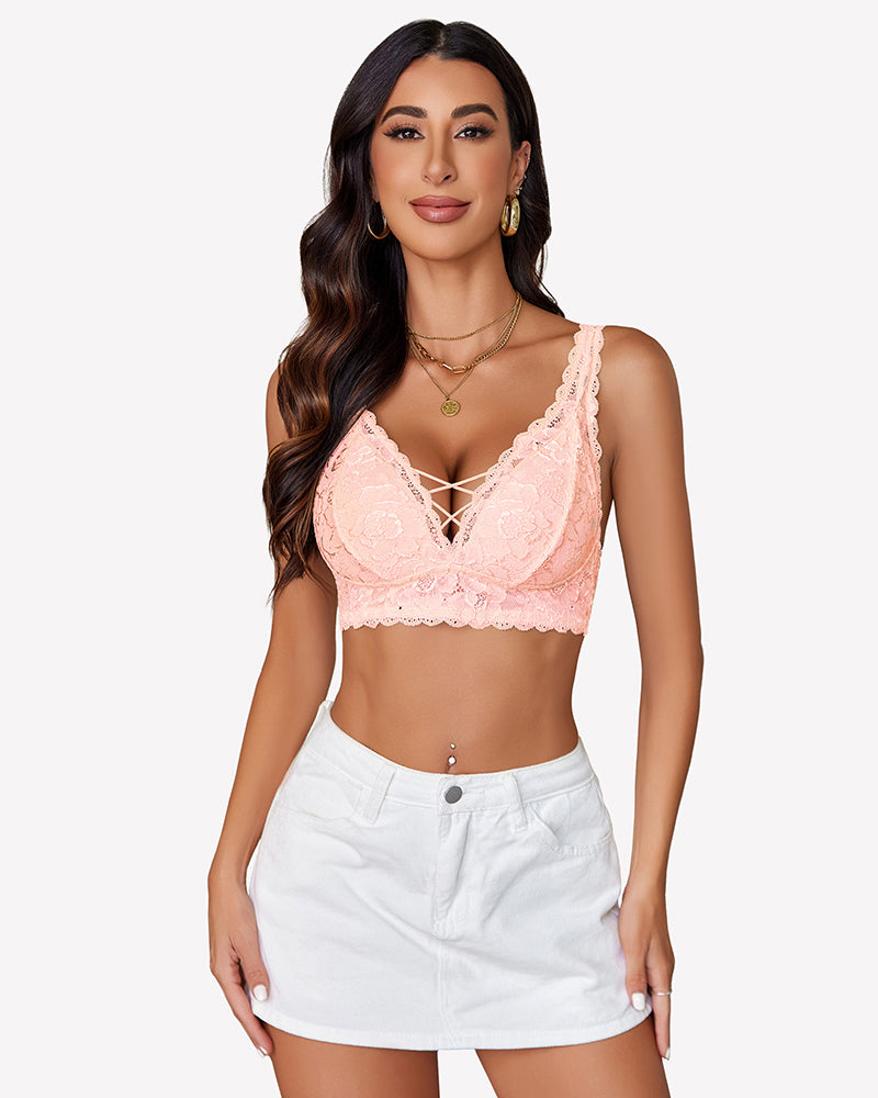 Lace bralette V-neck with crisscross front straps, light pink
