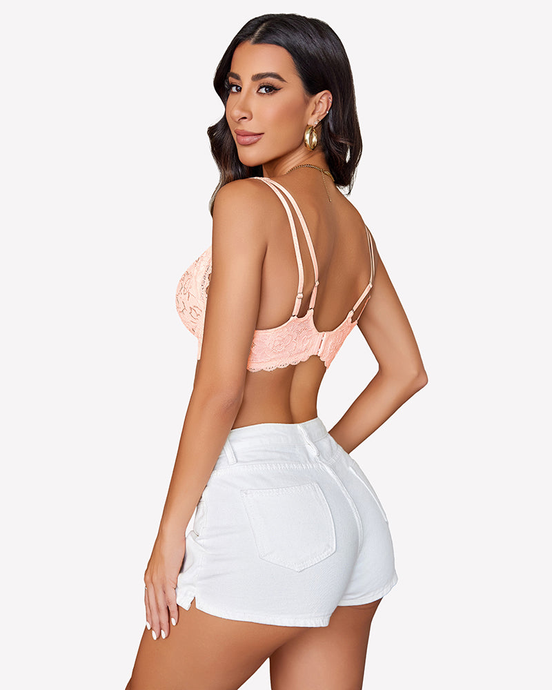 Lace bralette with crisscross back straps, light pink