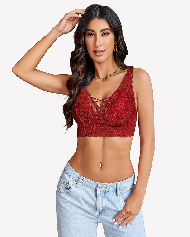 Lace bralette V-neck with wine red lace cups and crisscross center