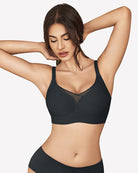 Seamless push-up mesh bralette, dark color, sheer V front and adjustable straps