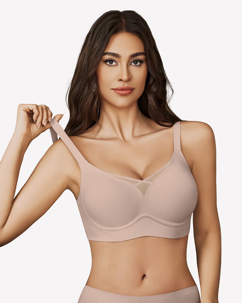 Seamless push-up mesh bralette, light pink color, sheer V front and molded cups