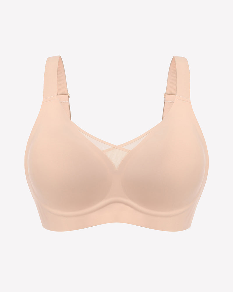 Seamless push-up mesh bralette, nude color, smooth cups with sheer V panel