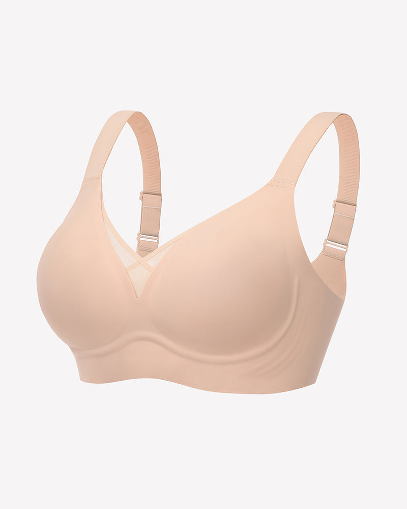 Seamless push-up mesh bralette, nude color, adjustable straps and sheer V center