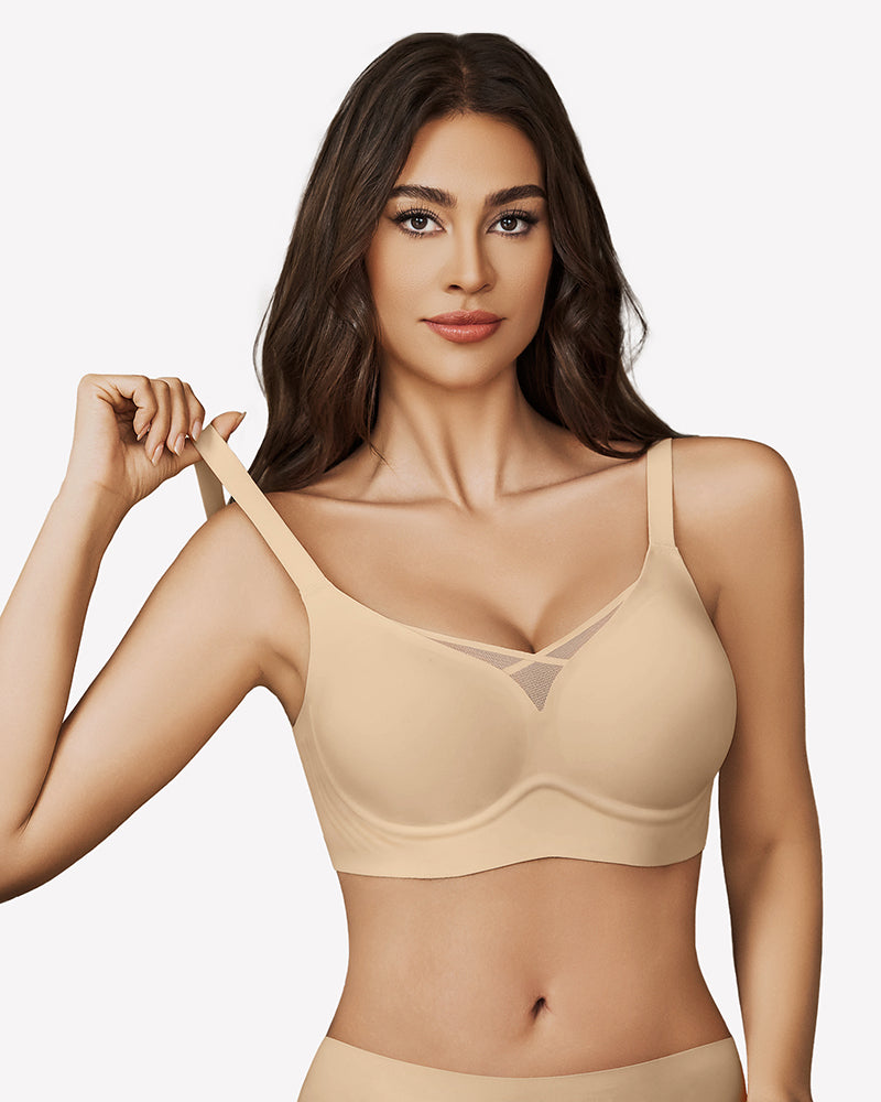 Seamless push-up mesh bralette, nude color, sheer V neckline and adjustable straps