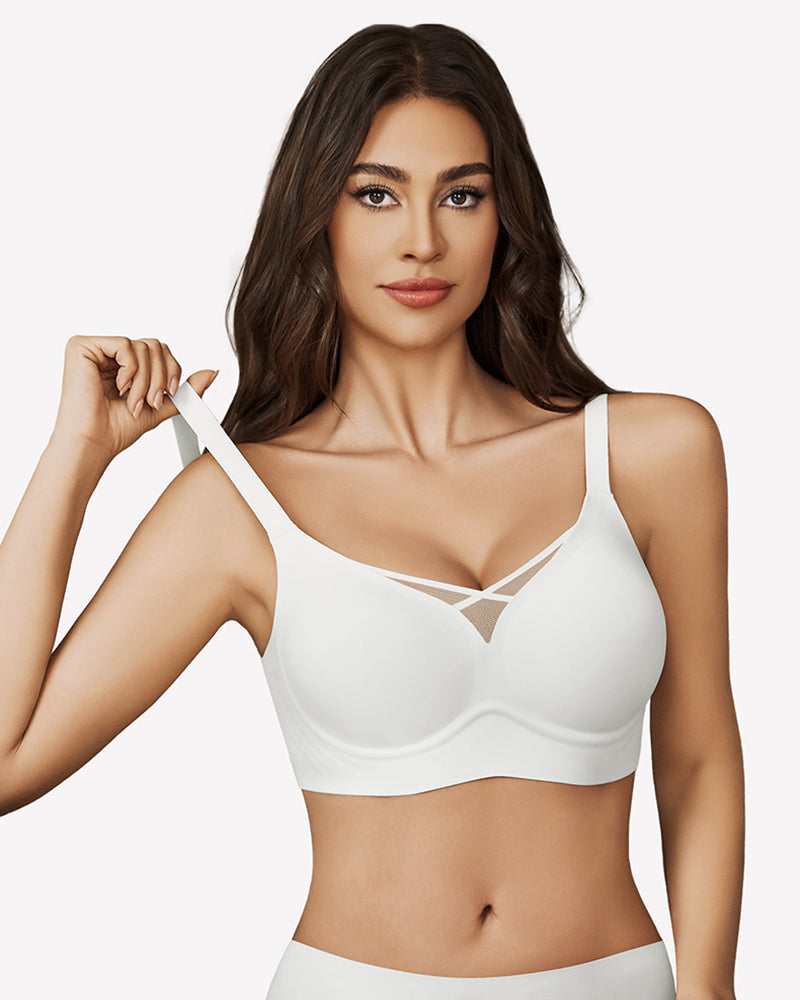 White seamless push-up bra with crisscross V straps and smooth cups