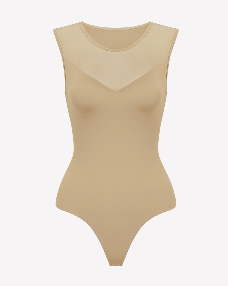 Tan mesh crew-neck sleeveless bodysuit with sheer V yoke front and high-leg bottom