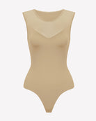 Tan mesh crew-neck sleeveless bodysuit with sheer V yoke front and high-leg bottom