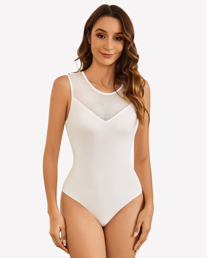 Mesh crew neck sleeveless bodysuit in white with sheer V front panel