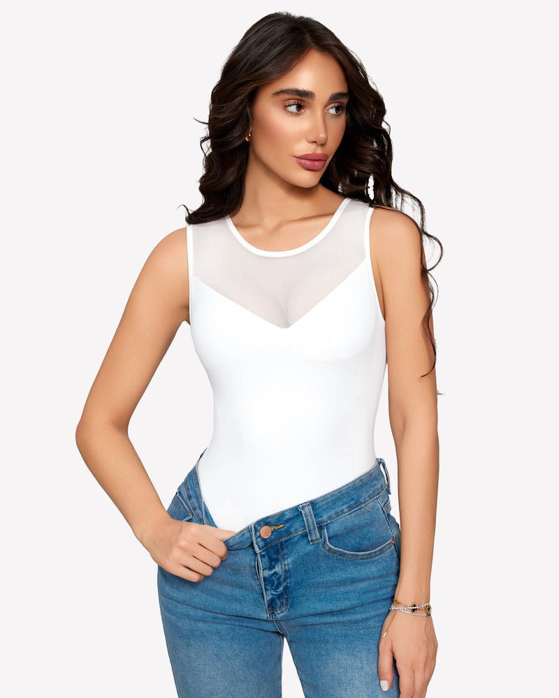 White mesh crew neck sleeveless bodysuit, fitted with sheer V front