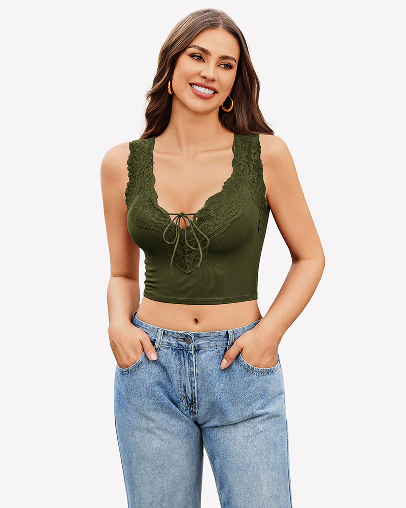 Army green plunge V-neck ribbed crop tank top with lace-trim cups and drawstring tie